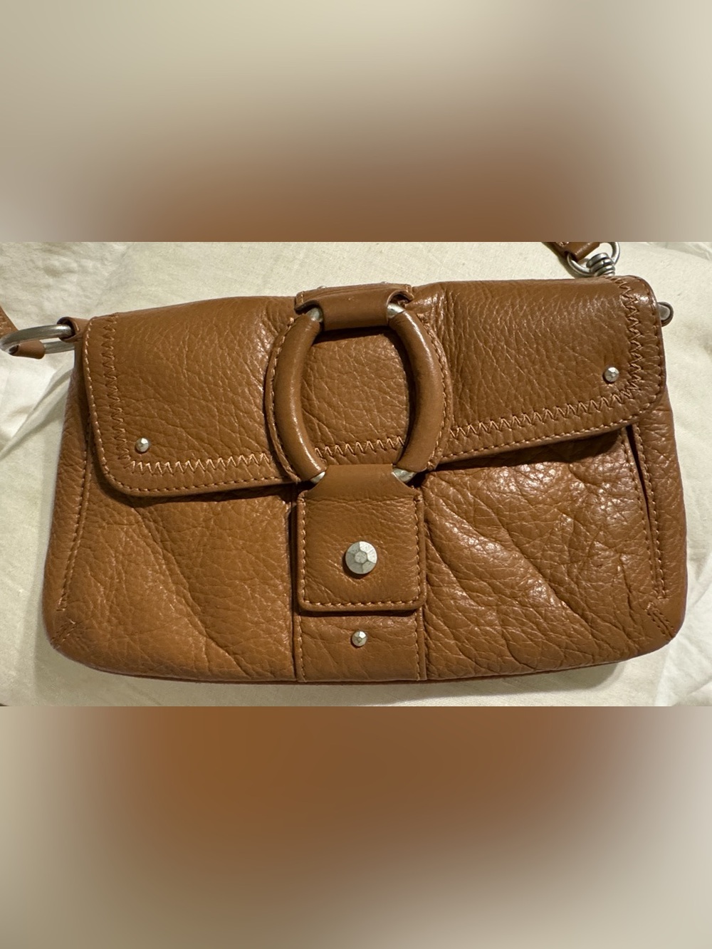 Sigrid Olsen Brown Leather Crossbody Bag with metal tone ring Detail